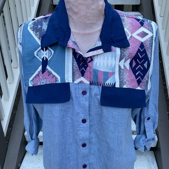 Vintage tapestry lightweight cotton denim aztec contrast collar & pocket flaps M - Picture 3 of 12